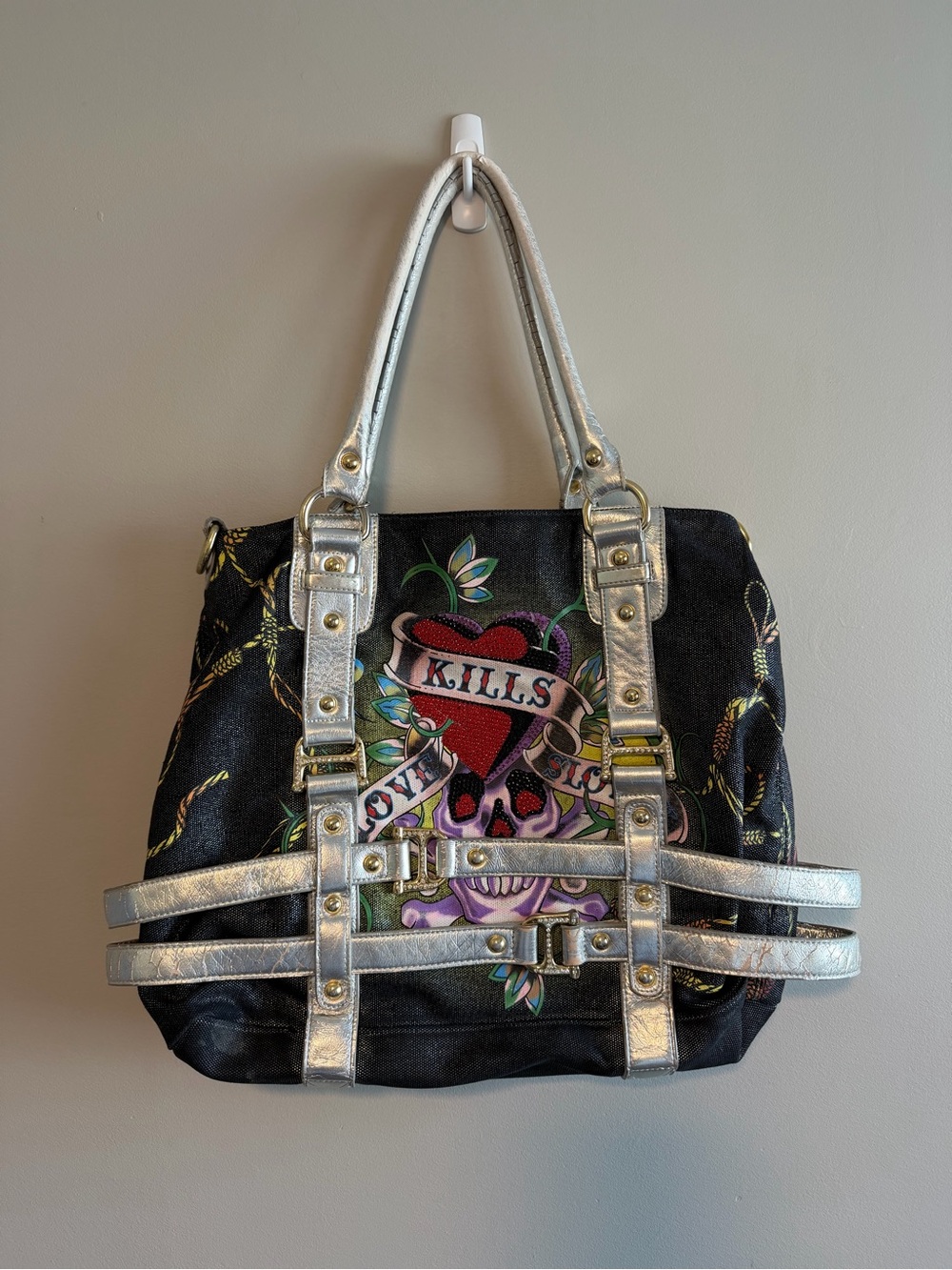 Ed Hardy Vintage “Love Kills” Skull Y2K Shoulder Bag Tattoo Print Purse